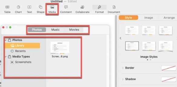Guide pour insérer des images sur des documents Pages