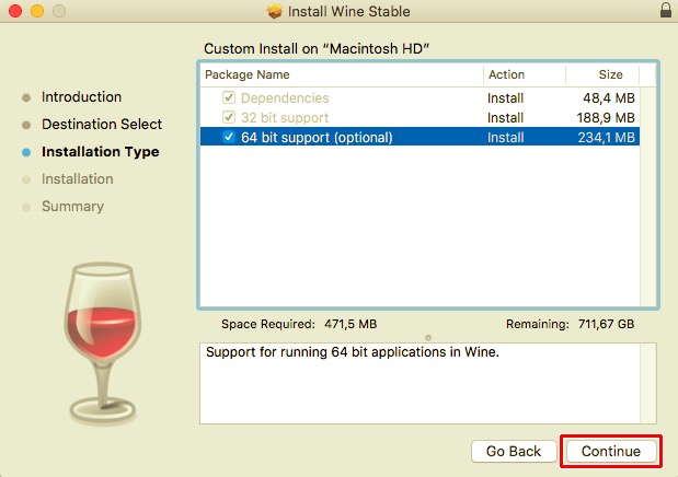 Activer la prise en charge 64 bits lors de l'installation de Wine sur Mac