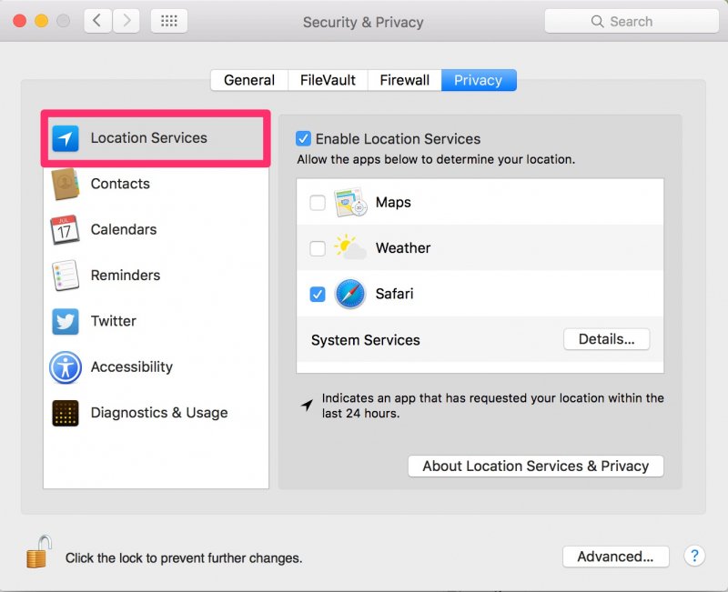 Activer les services de localisation Mac