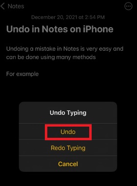 Utilisez le bouton Annuler pour annuler dans les notes