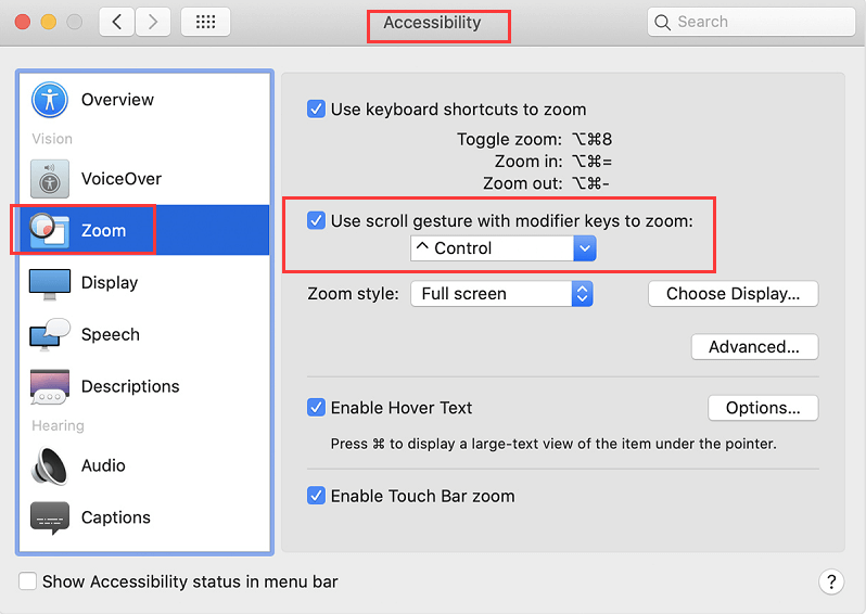 Zoom avant sur Mac avec la touche de modification de la souris