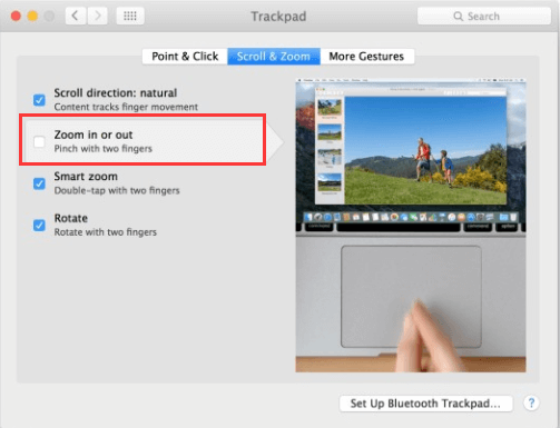 Zoom avant sur Mac via le trackpad
