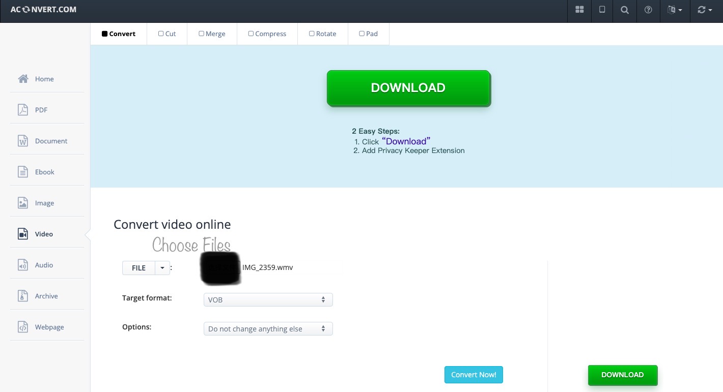 Convertir un fichier WMV au format VOB en utilisant Aconvert.com