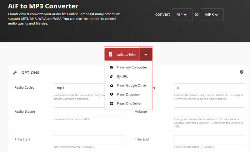 Convertir AIF en MP3 avec CloudConvert