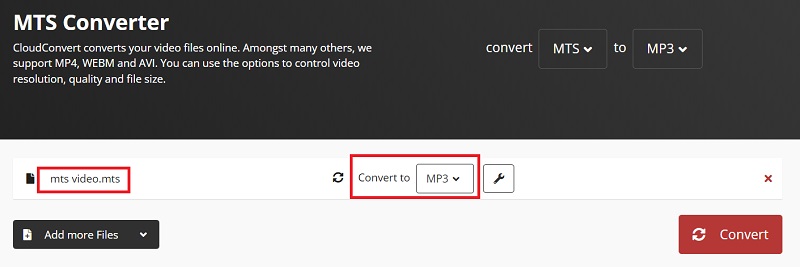 Utilisez CloudConvert pour transformer MTS en MP3