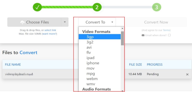Convertir MPEG en MOV via Zamzar