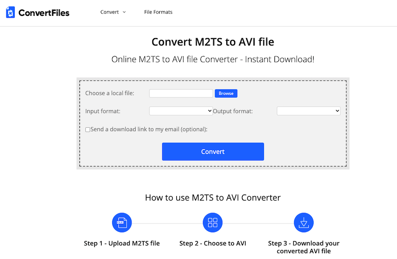 Visitez ConvertFiles.com pour convertir M2TS en AVI