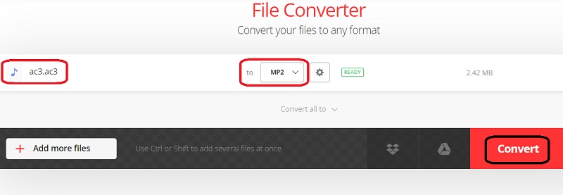 Utilisez Convertio pour convertir AC3 en MP2
