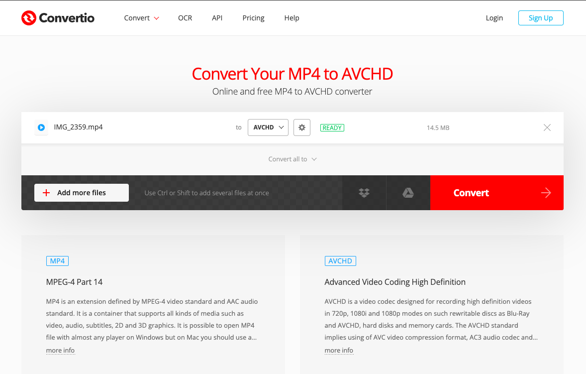 Convertir MP4 en AVC avec Convertio.co