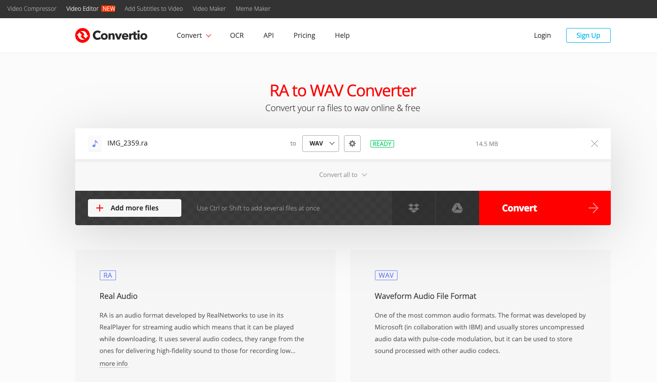 Transformer RA en WAV avec Convertio.co