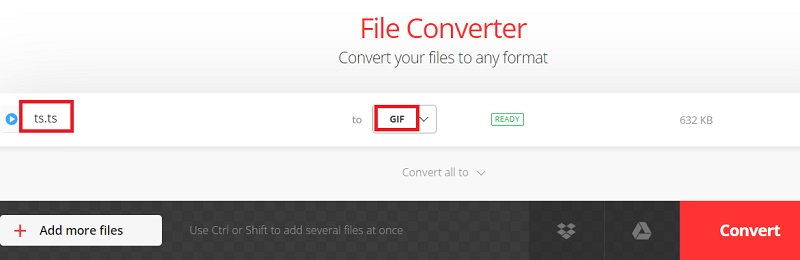 Utilisez Convertio pour créer le format TS au format GIF