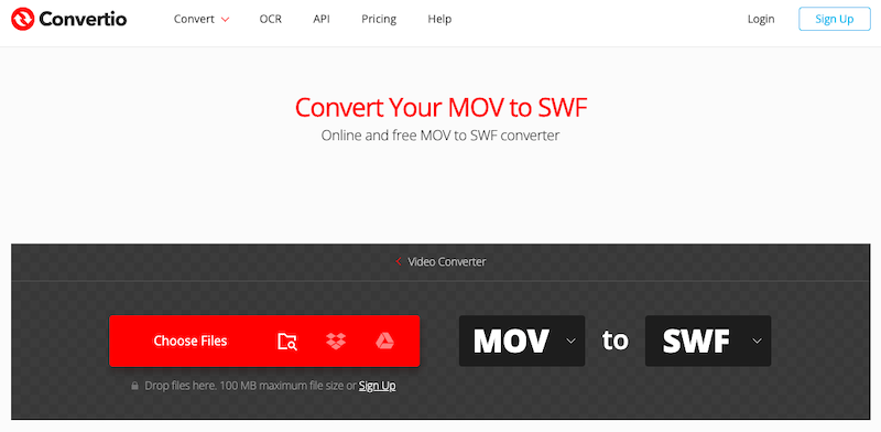 Visitez Convertio.co pour convertir MOV en SWF en ligne