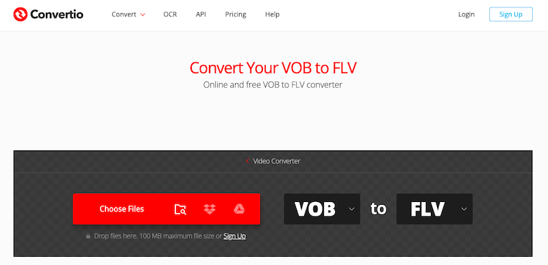 Visitez Convertio.co pour convertir VOB en FLV