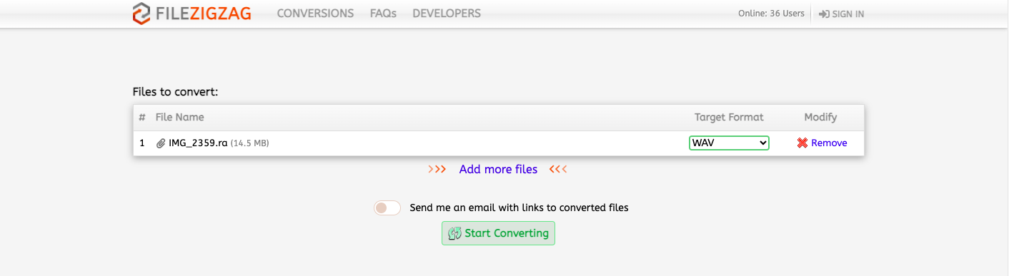 Convertissez RA en WAV avec FileZigZag.com