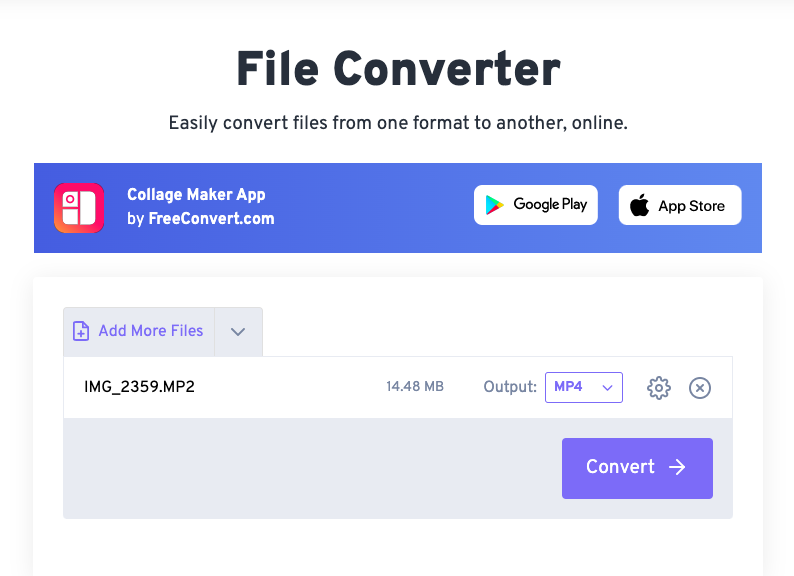 Convertir MP2 en MP4 avec FreeConvert.com