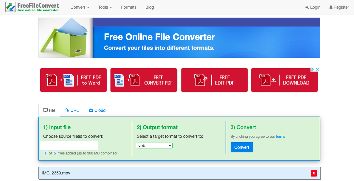 Convertir MOV en VOB avec FreeFileConvert.com
