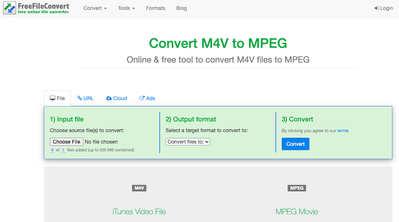 Convertir M4V en MPEG en ligne via FreeFileConvert.com