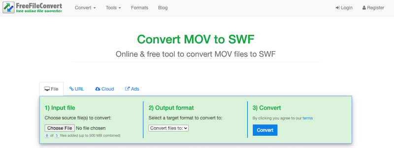 Convertir MOV en SWF sur FreeFileConvert.com