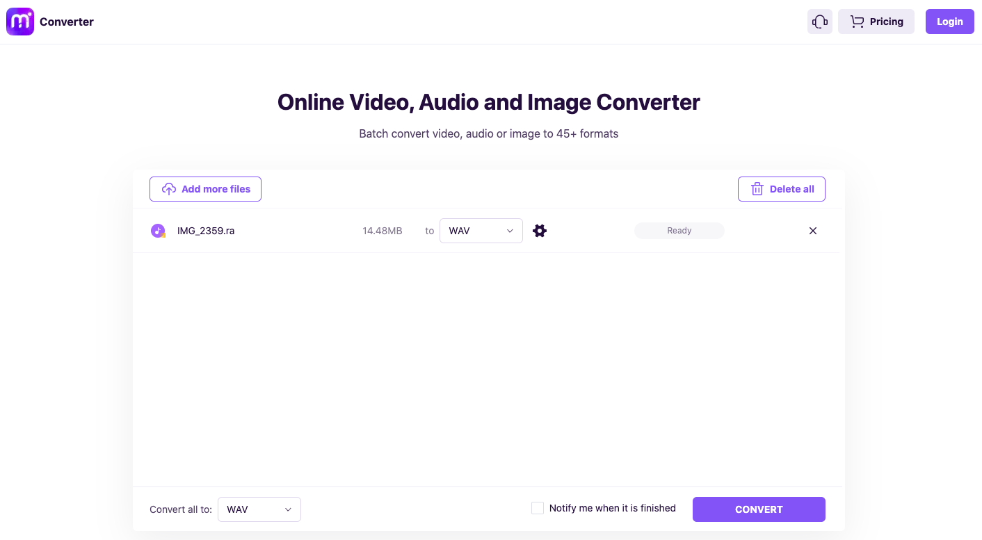 Utilisez Media.io pour convertir RA en WAV