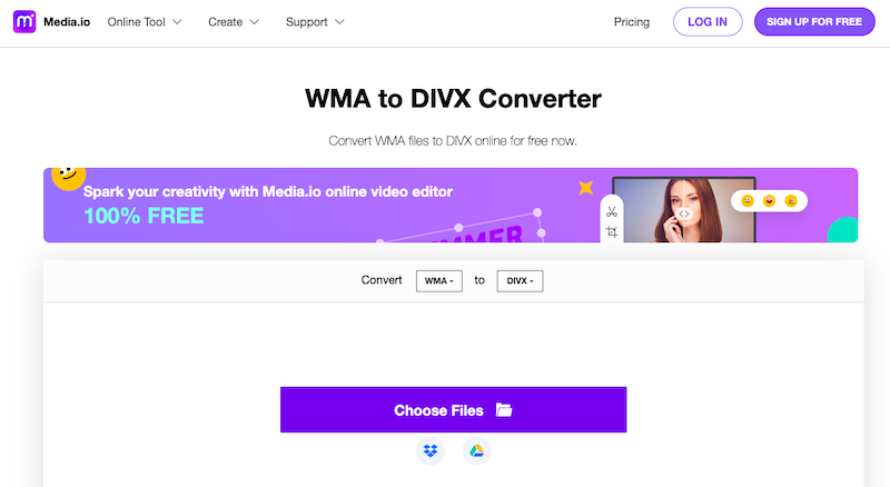 Media.io : Convertisseur WMA en DivX en ligne