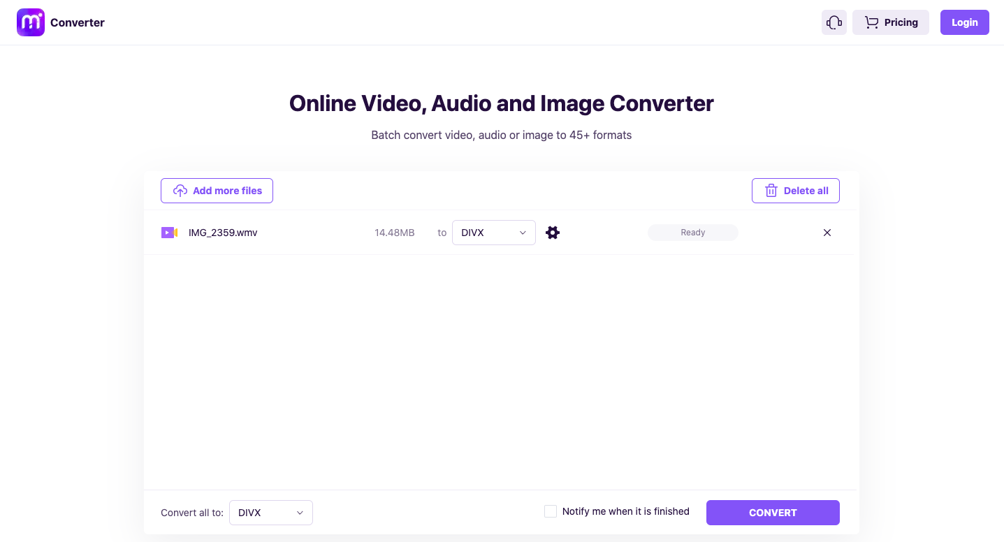 Utilisez Media.io pour convertir WMV en DivX