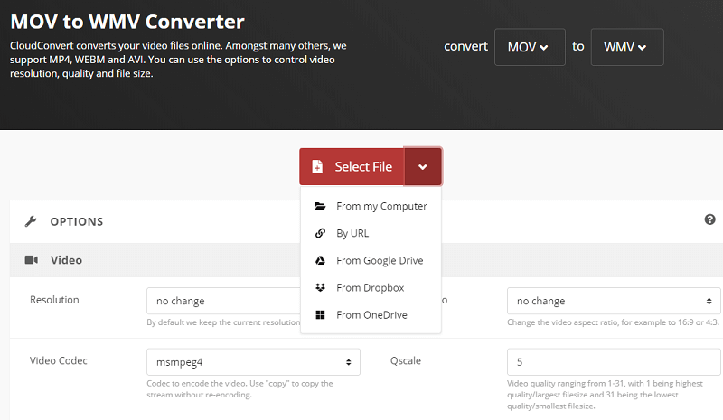 Convertissez MOV en WMV en ligne gratuitement