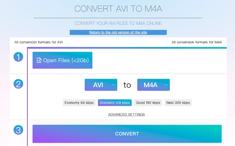 Online-Audio-Convert.com fournit la conversion en ligne AVI vers M4A
