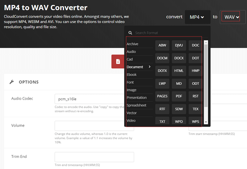 Convertir une vidéo en WAV via CloudConvert