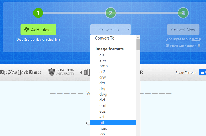 Convertir WebM en GIF avec Zamzar