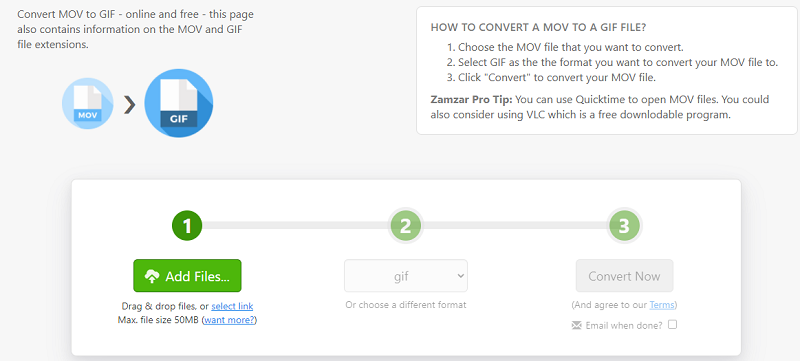 Convertir MOV en GIF avec Zamzar