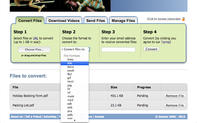 Convertir avec succès AVI en WebM sur Zamzar