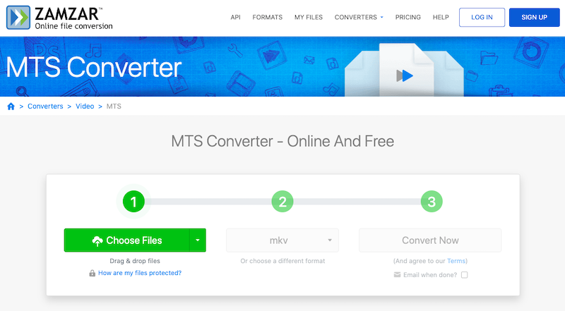Convertir MTS en MKV sur Zamzar.com
