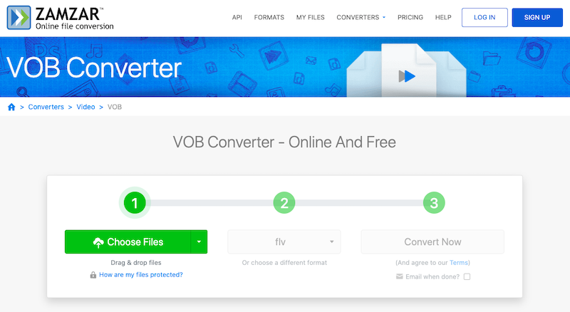 Convertir VOB en FLV en ligne gratuitement sur Zamzar.com